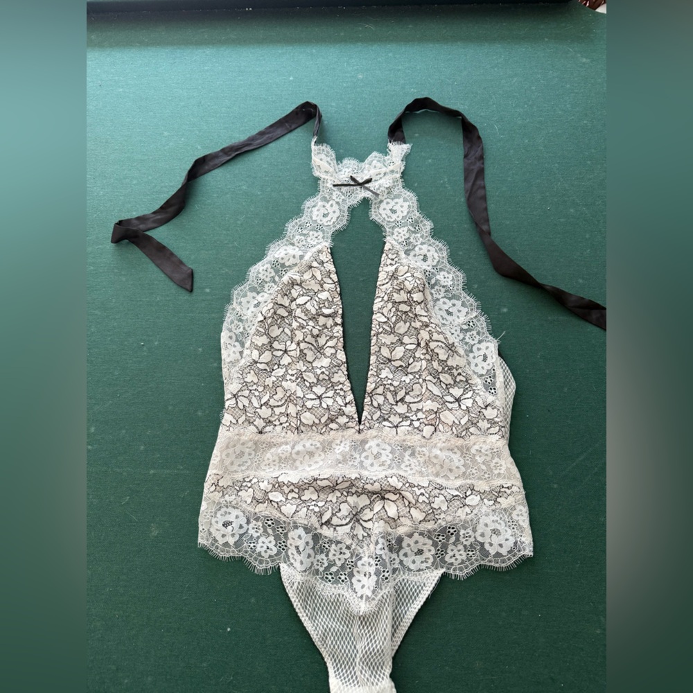 Victoria's Secret White Lace Bodysuit with Black Trim